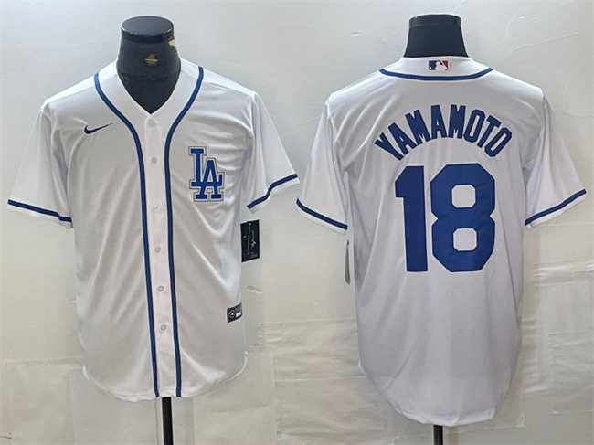 Mens Los Angeles Dodgers #18 Yoshinobu Yamamoto White Cool Base Stitched Baseball Jersey